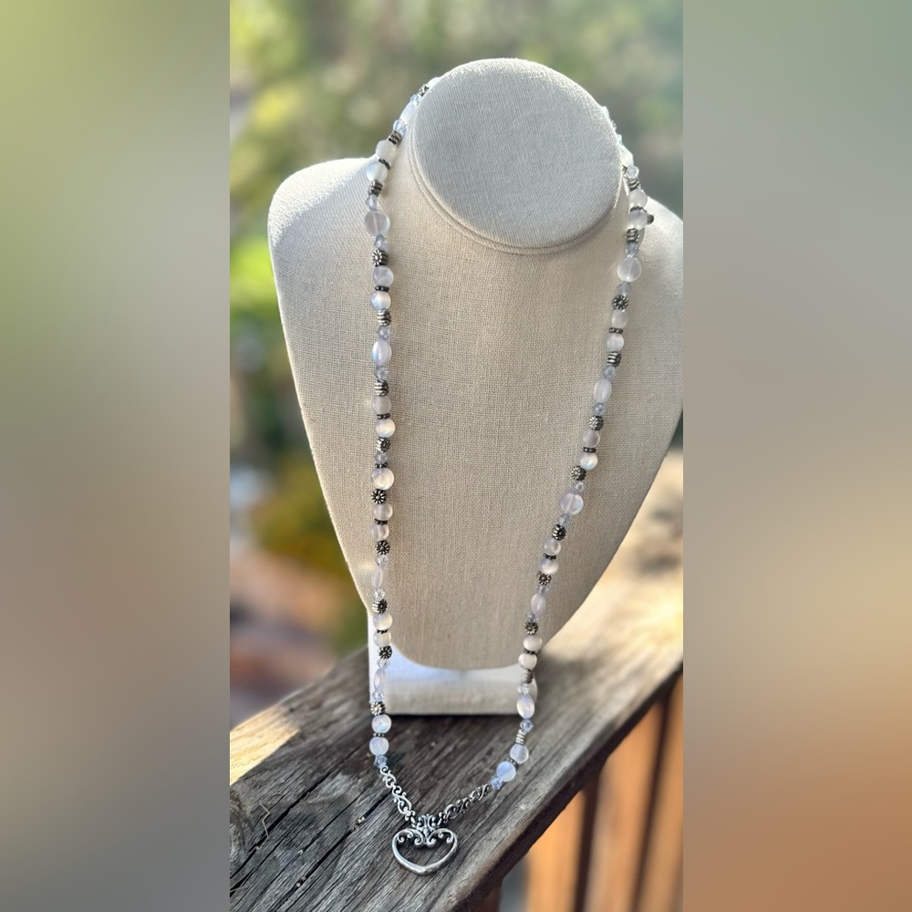 🌙 Moonglow: Frosted Beaded Necklace with Ornate Heart Focal